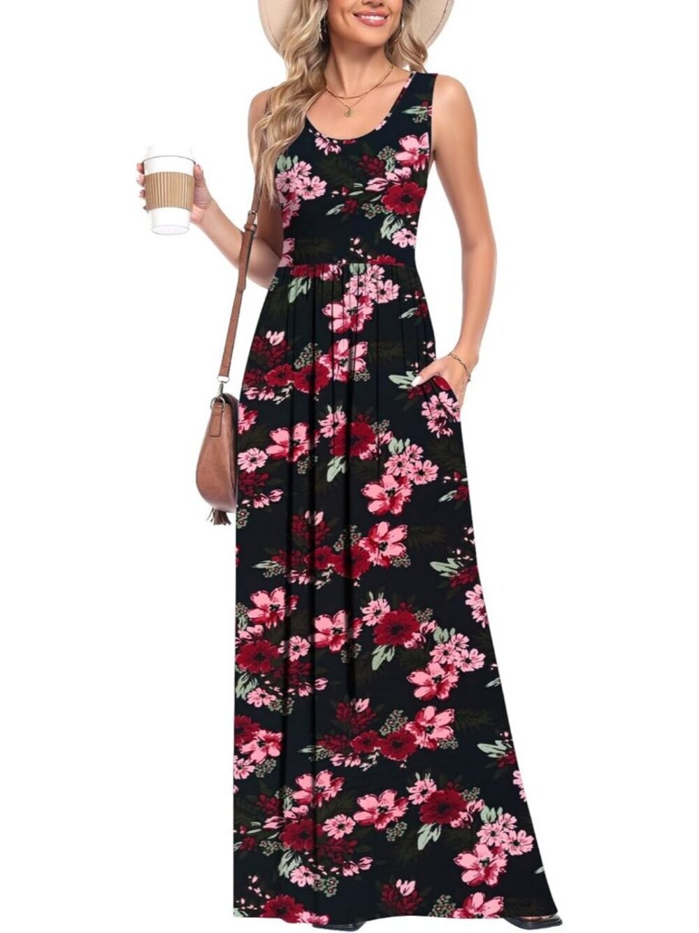 Women's Black Crabapple Flower Sleeveless Flowy Casual Beach Stylish Maxi Dress - Picture 2 of 5